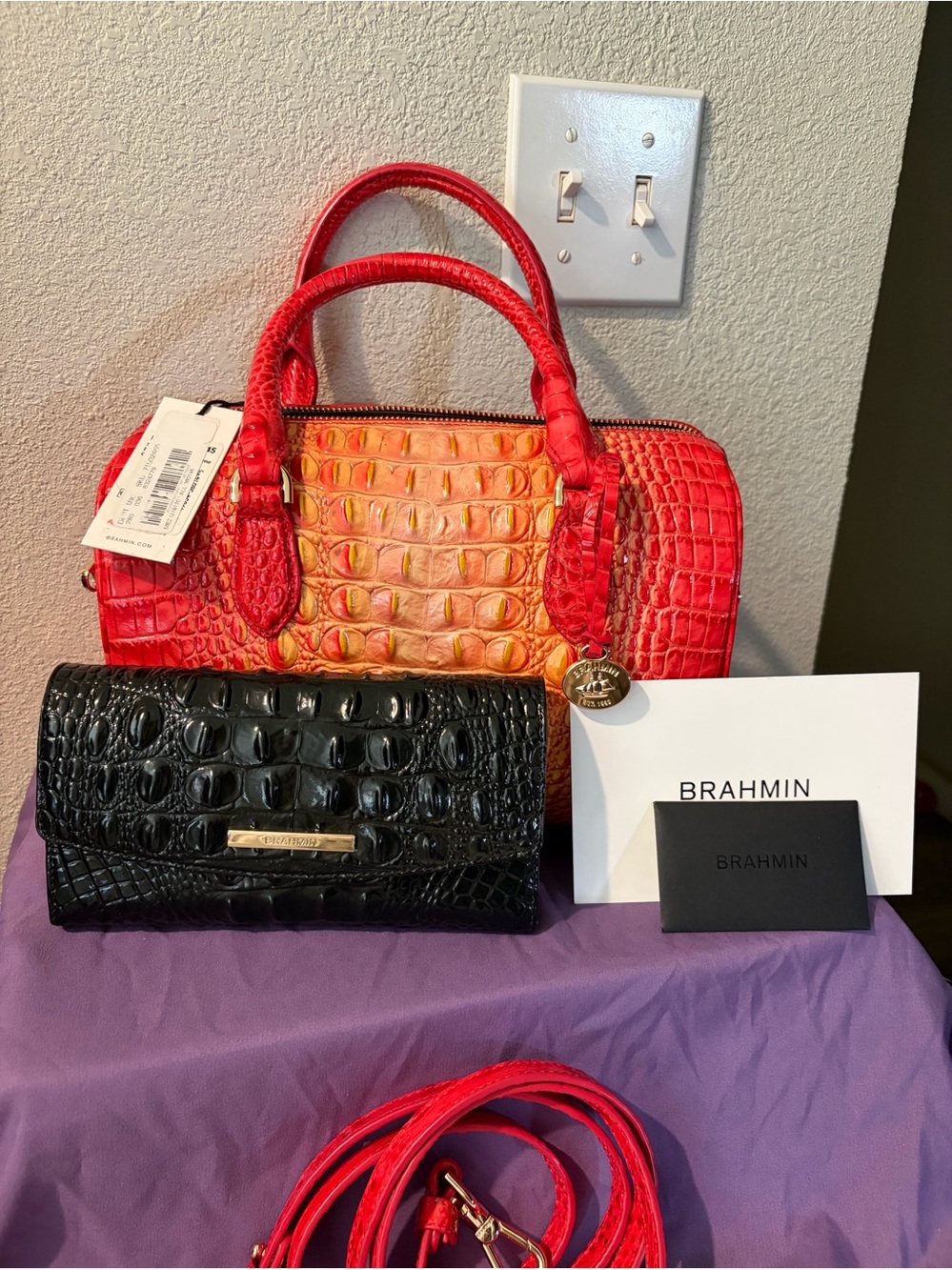 Brahmin Red to Orange Ombre Croc-Embossed Satchel with Black Croc Wallet NWT